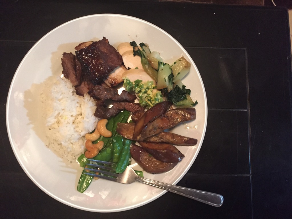 "deep-deep-faan": plated dinner featuring cashew snow peas, chili garlic eggplant, ginger-green onion pouched chicken, baby bok choy, seared Korean-style short rib.