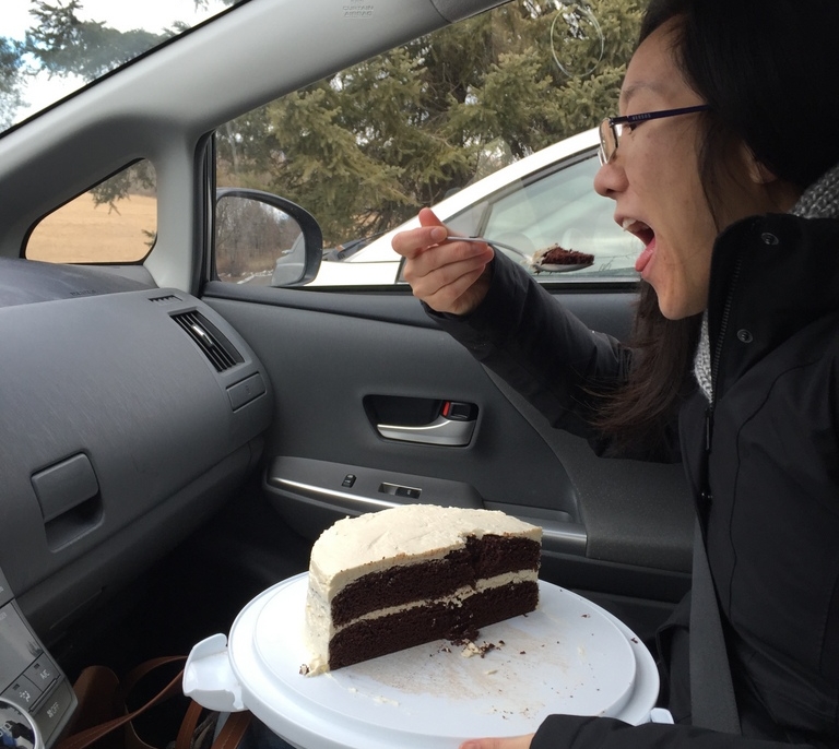 Chocolate buttercream cake. Served for dessert on Saturday night; seen here as the car-snack of choice.