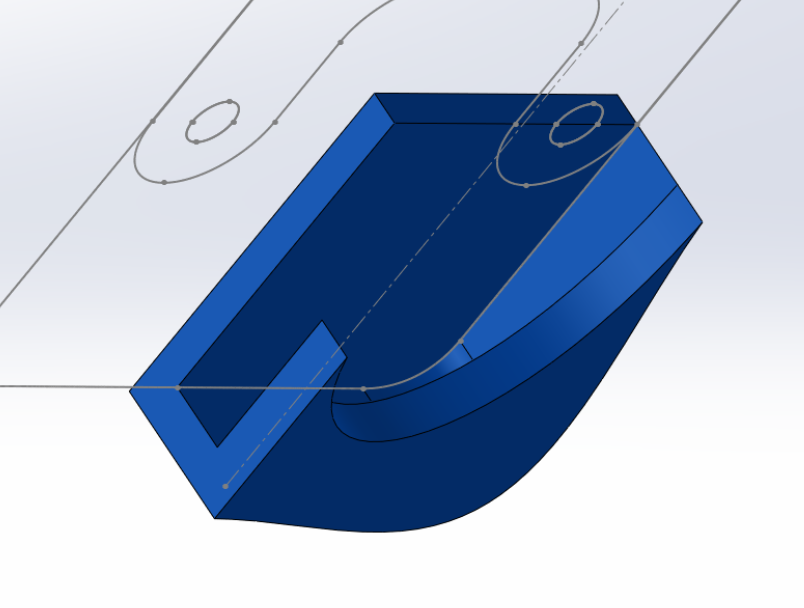 Three extrusions start the noseguard. The dxf of the frame serves as the template.