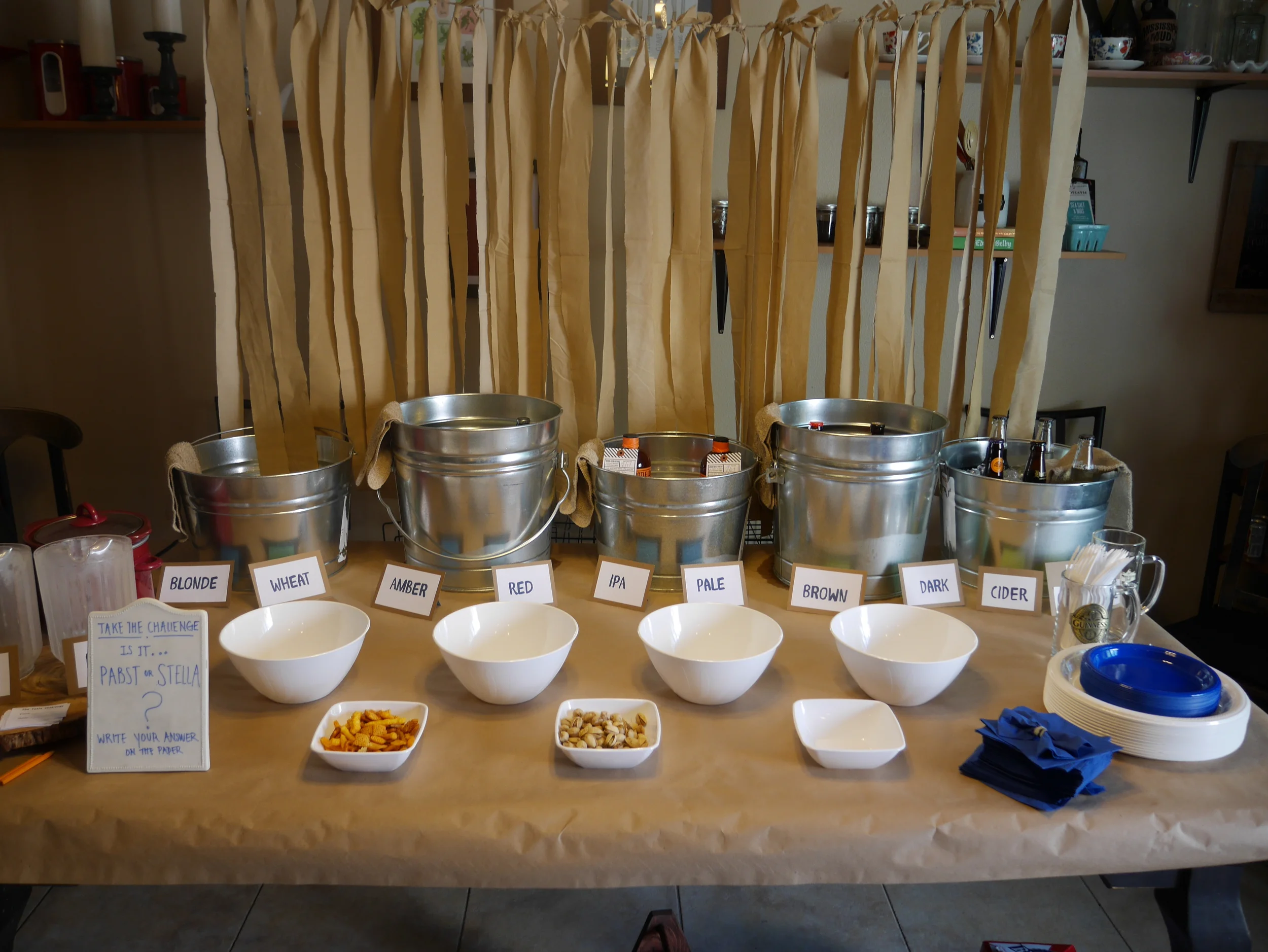 Here was the set up . . . metal bins for the different beers and places for snacks!