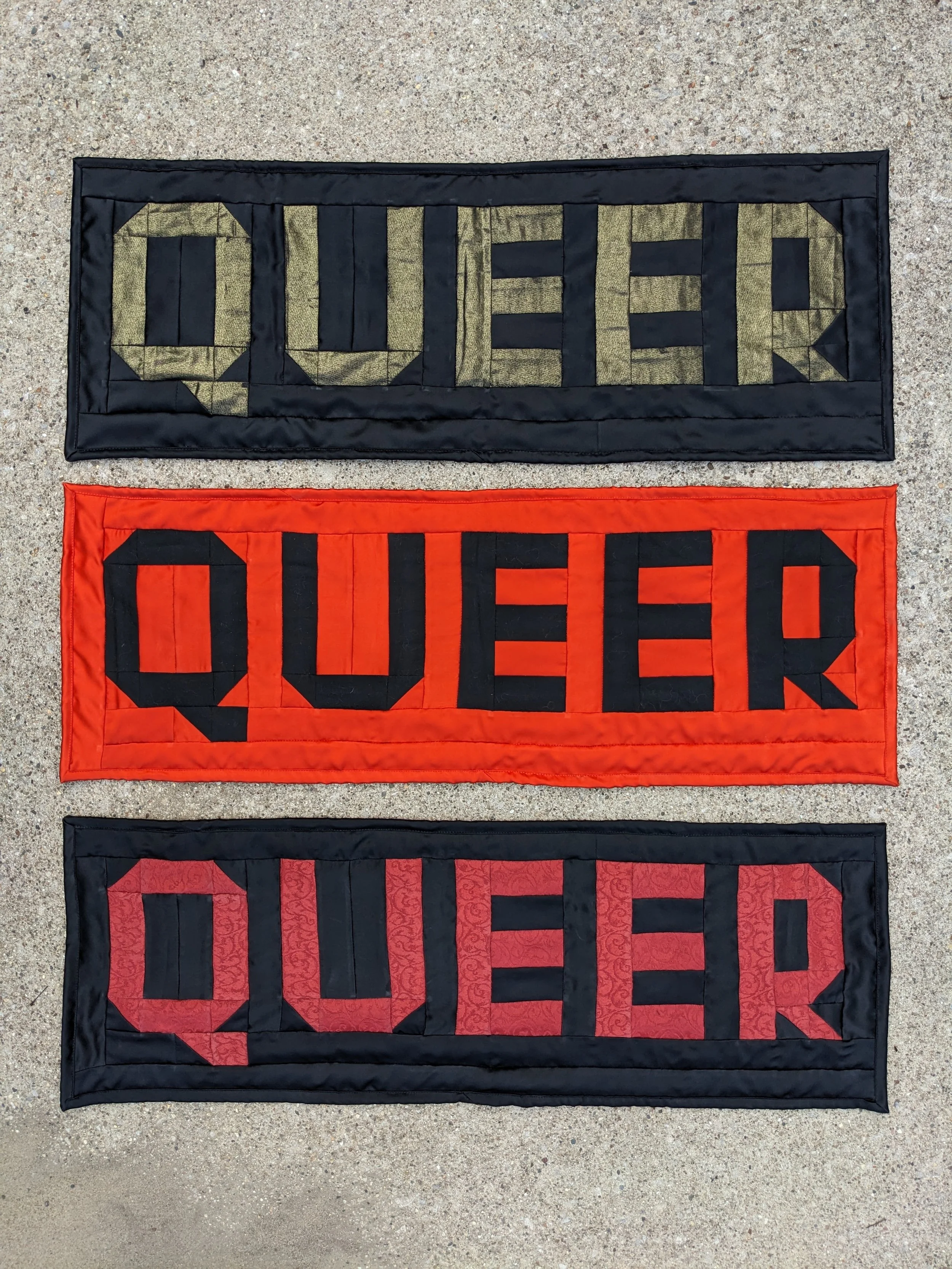 12” x 34” each made with thrifted and deep stash fabrics and surplus band t-shirts inquire to purchase!