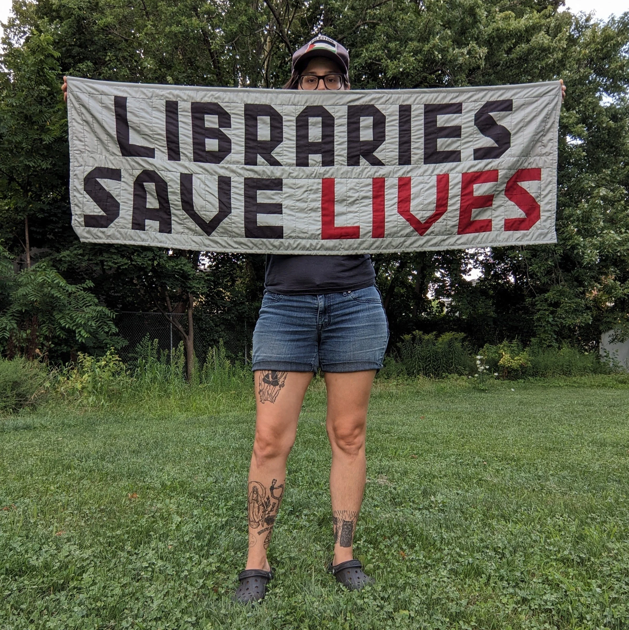 2025 20” x 59” made with thrifted fabric and surplus t-shirts precisely the reason they're in danger. access to books, to knowledge, to the truths of our histories, to resources, to community - that’s how we build power. that's how we build revolut