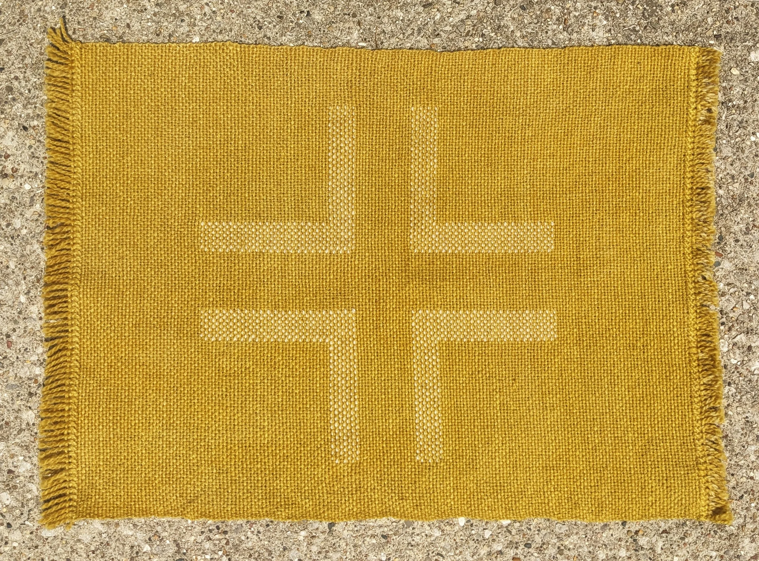 crossroads pattern inlaid on marigold dyed wool thread 21.25" x 15” available at Ox-Bow House in Douglas, MI
