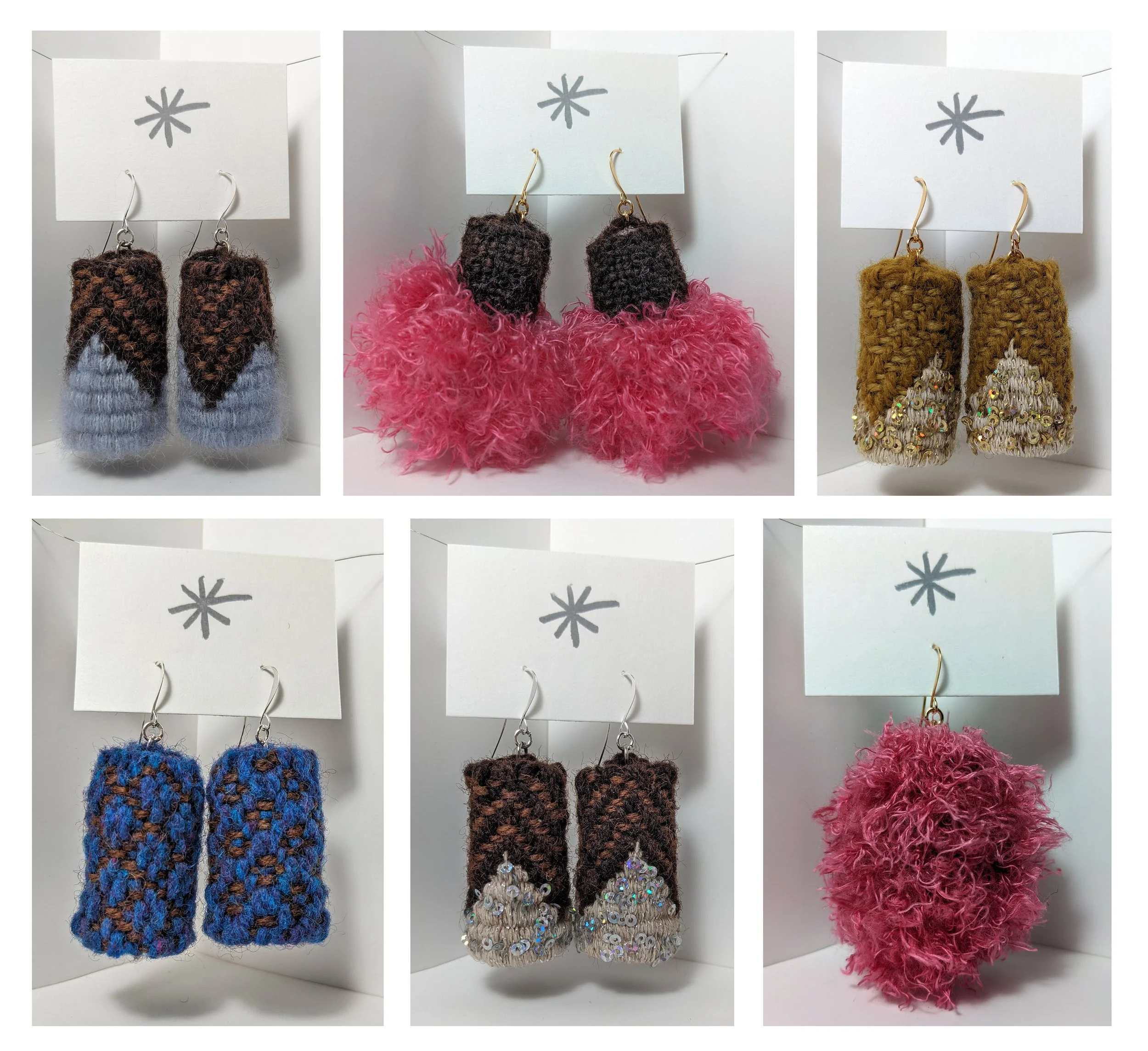 handwoven and sewn earrings variety of found threads, some hand-dyed with black walnut and marigold french hook earring findings (Lead & Nickel Free) 2" x 1" x 1” each select styles available at Ox-Bow House in Douglas, MI