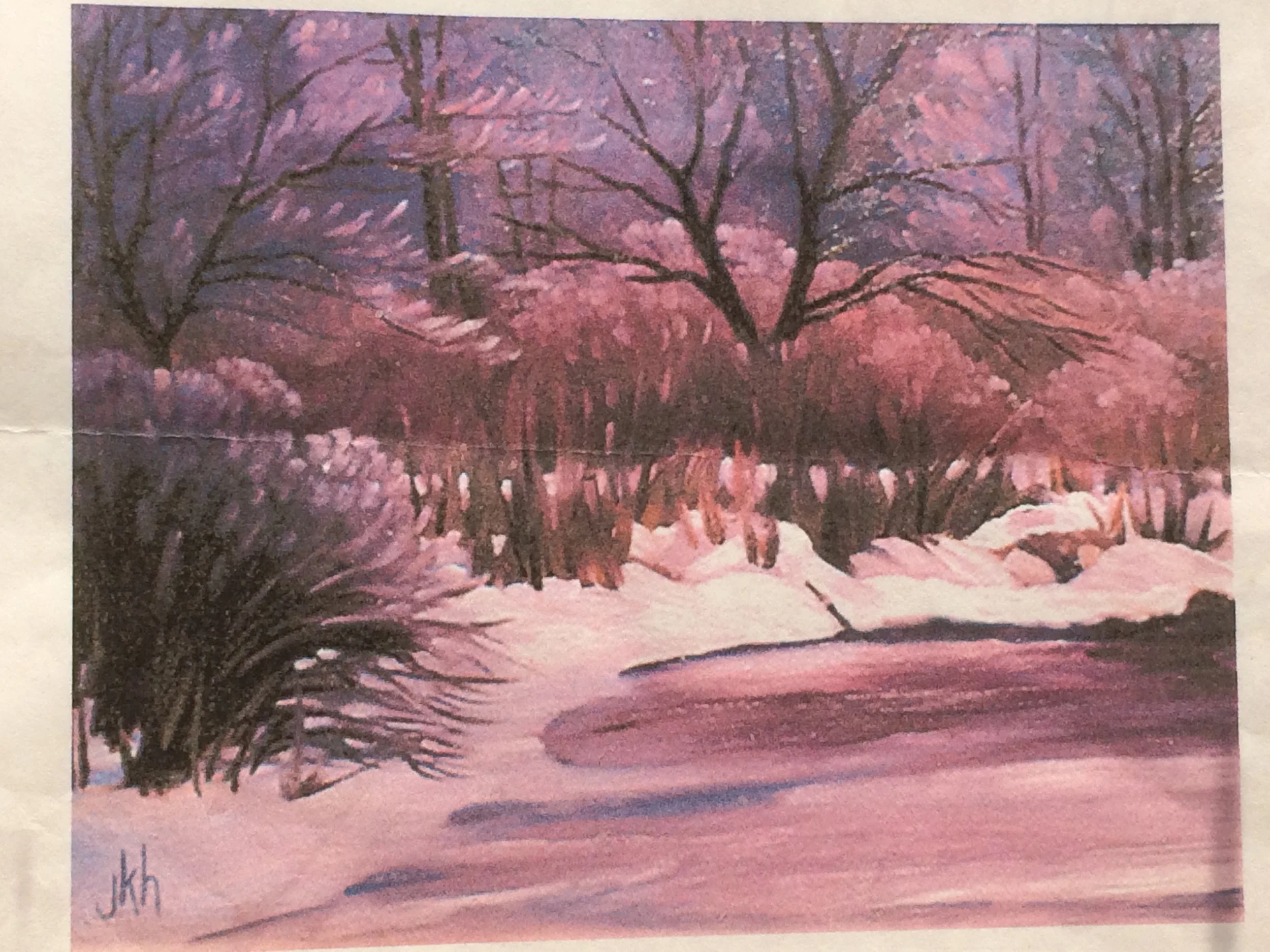 I was assigned, in a painting-poem match-up by Pocono Arts Council in Stroudsburg Pennsylvania, years ago, to write a poem in response to this painting by James Hannan, entitled Wintry Mix. This is a photo of a folded photocopy of an email, apologies to the artist…