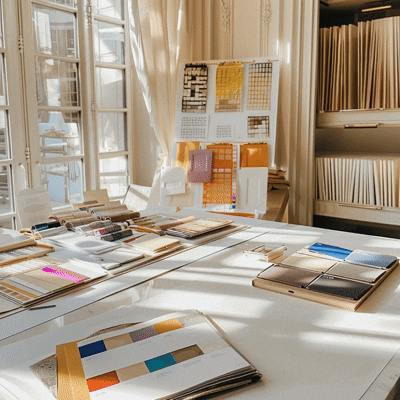 studio table with interior design decorting samples