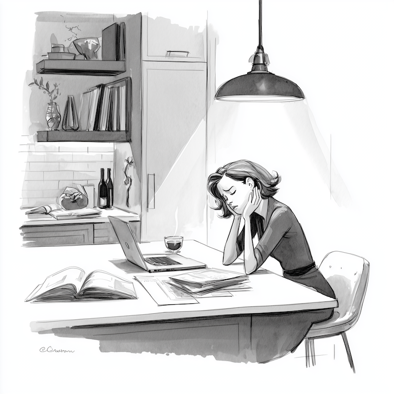 Young woman at desk at night overworked