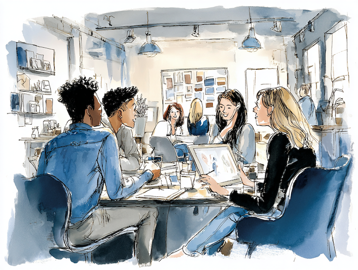Group of young professionals at table working laughing
