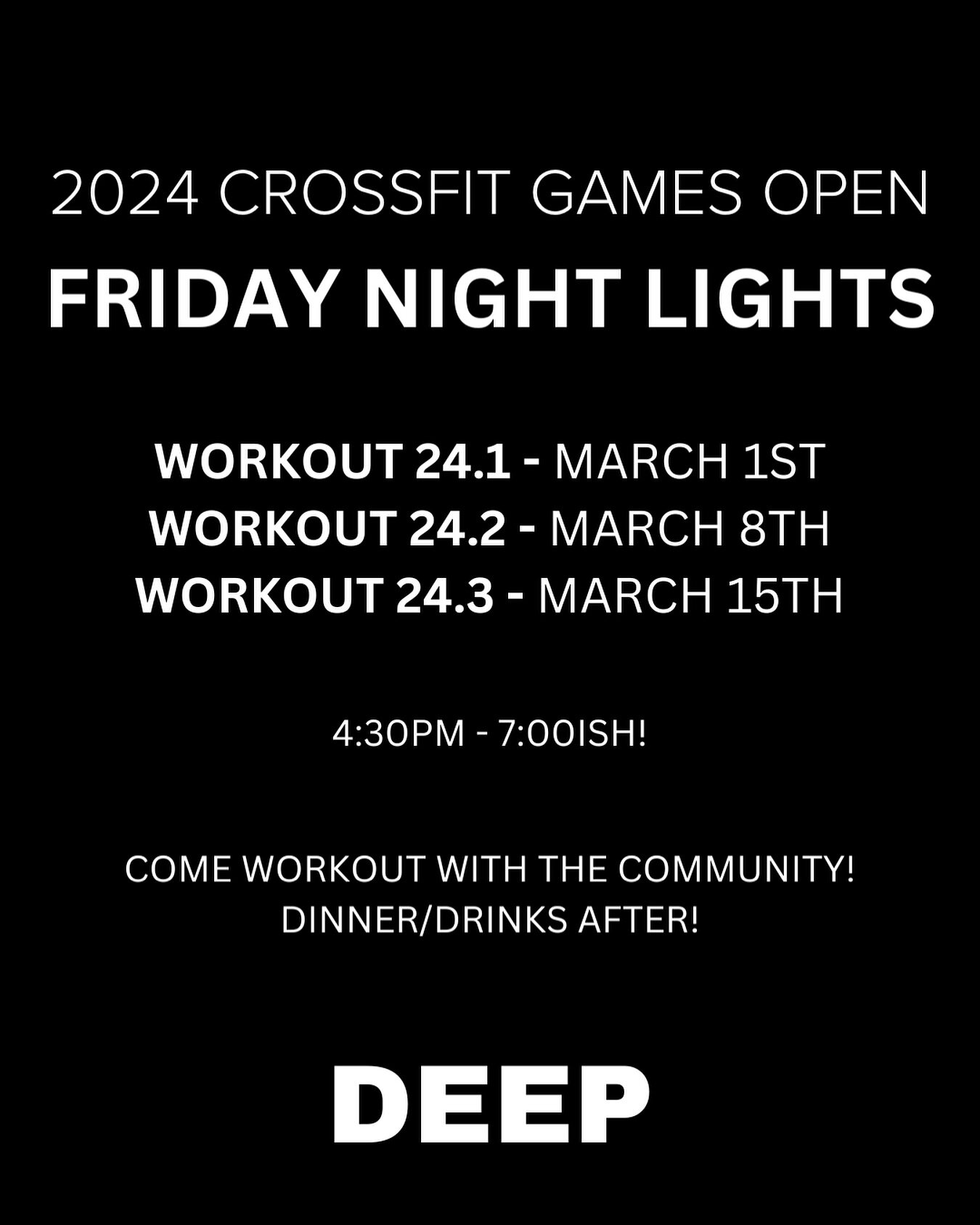Come workout. 
Come hangout.

Bring your friends and family to cheer you on!! 

See everyone Friday night 😊

*message us to drop in!