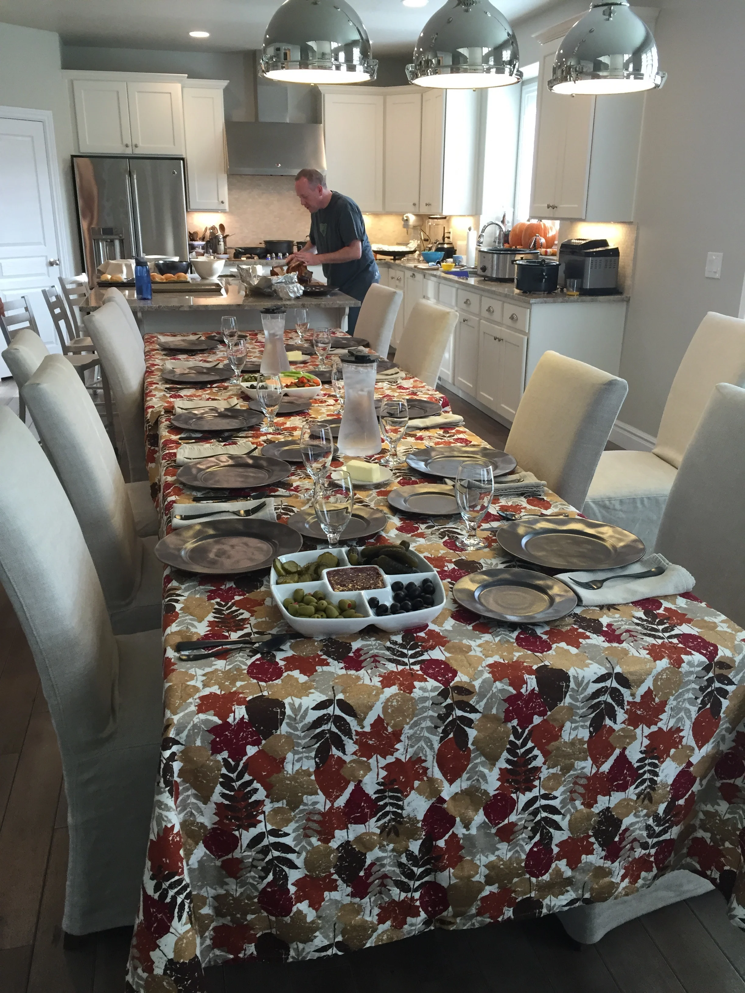 We pushed two tables together to make enough room for all 10 of us. The tablecloths are from Target.