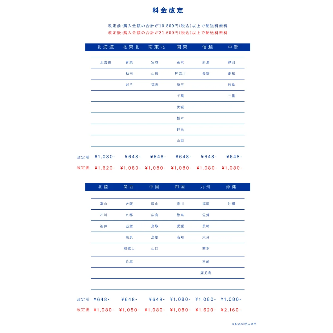 送料改定のお知らせ