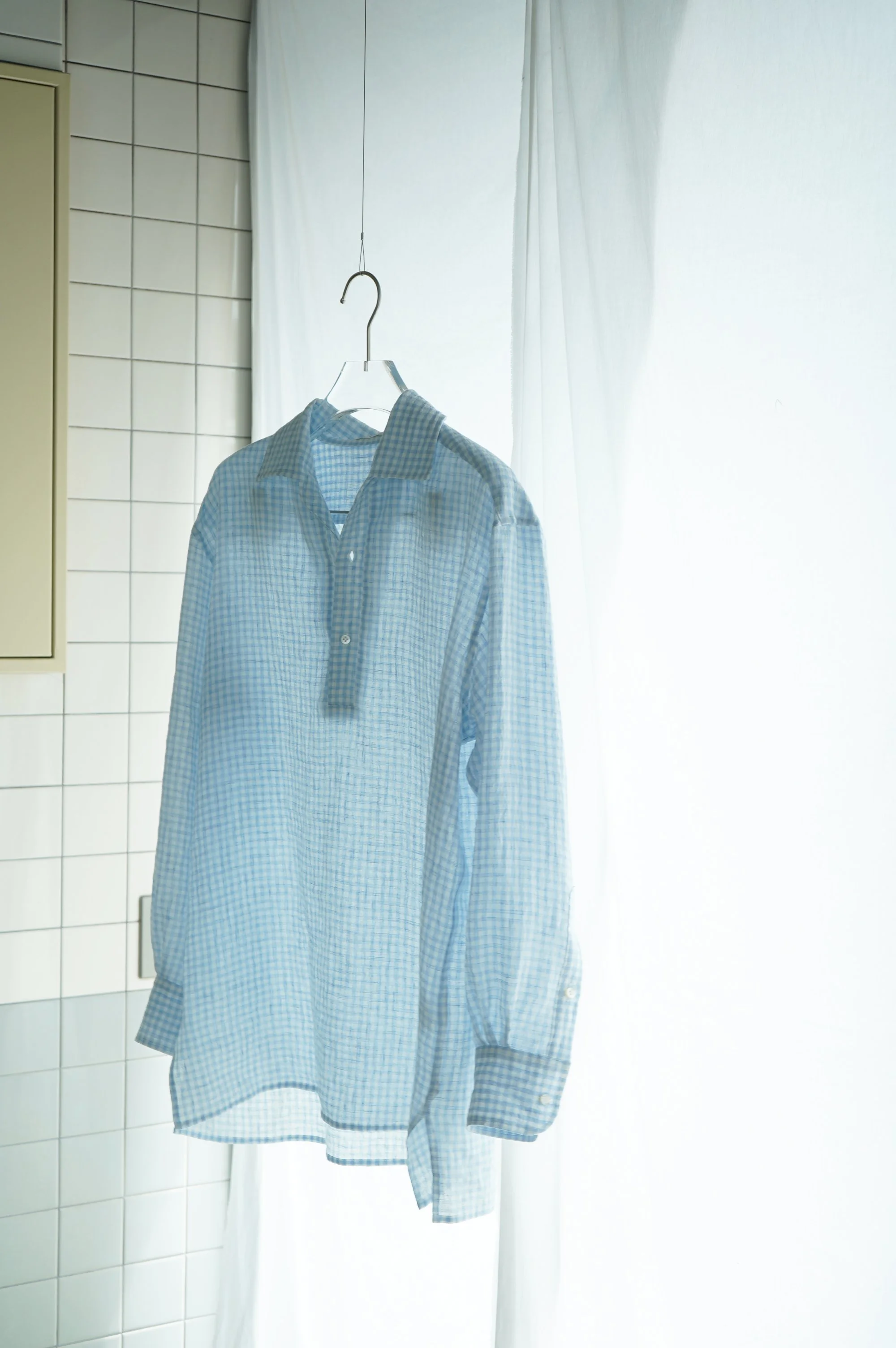 Cale : Water Twisted Linen Gingham Check Pullover Shirt