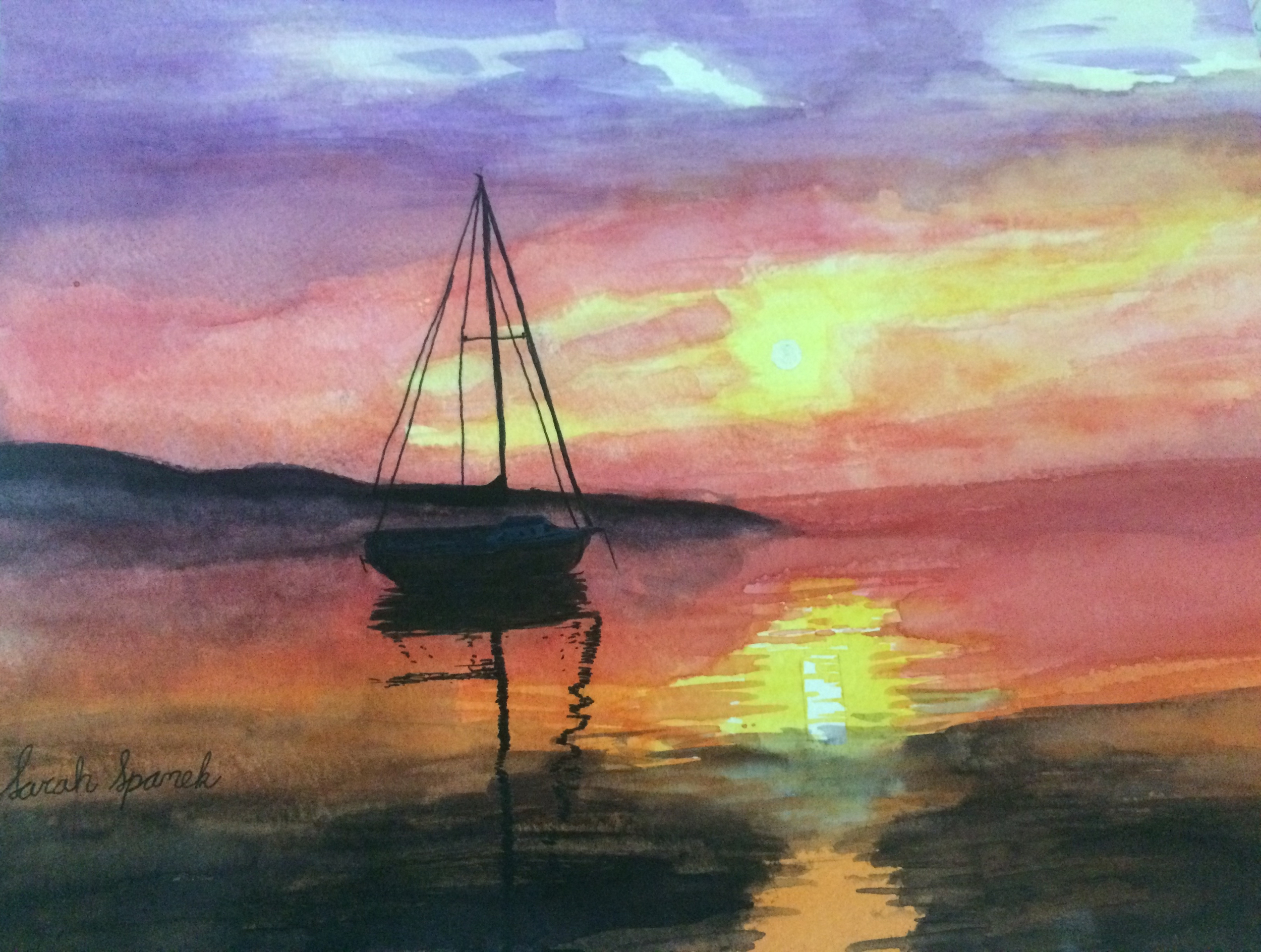 Sarah Spanek'Sailboat at Sunset'watercolor.13yrs
