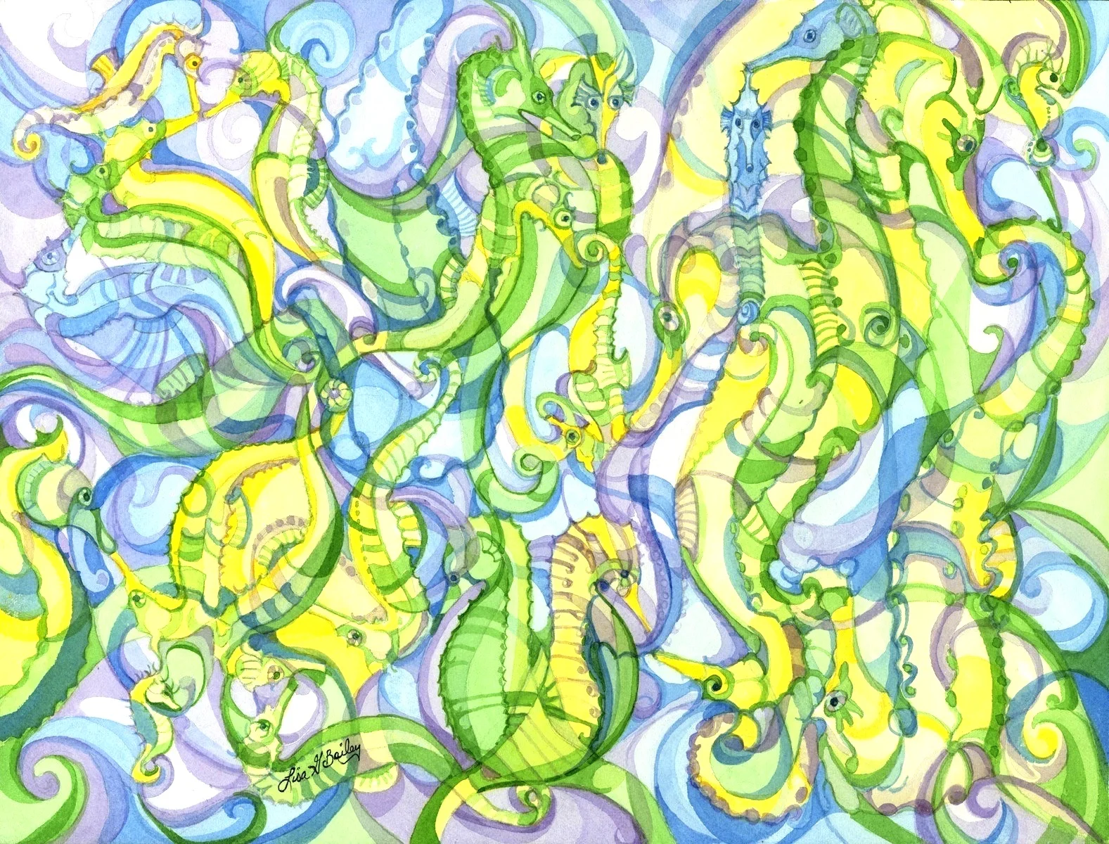 Lisa G Bailey.colorweave watercolor.Amazing Seahorses