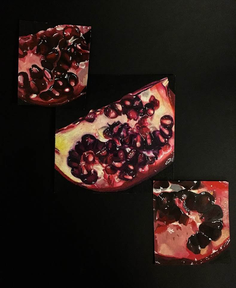 Rachel Mancour.'Pomegranates' .left is acrylic.middle is colored pencil. Rt is gauche.10x10