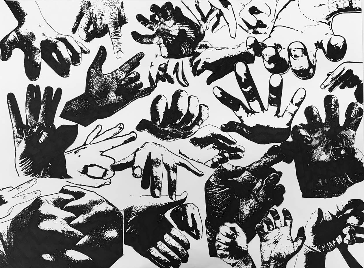 Rachel Mancour.'Show of Hands'pen & ink.16x20