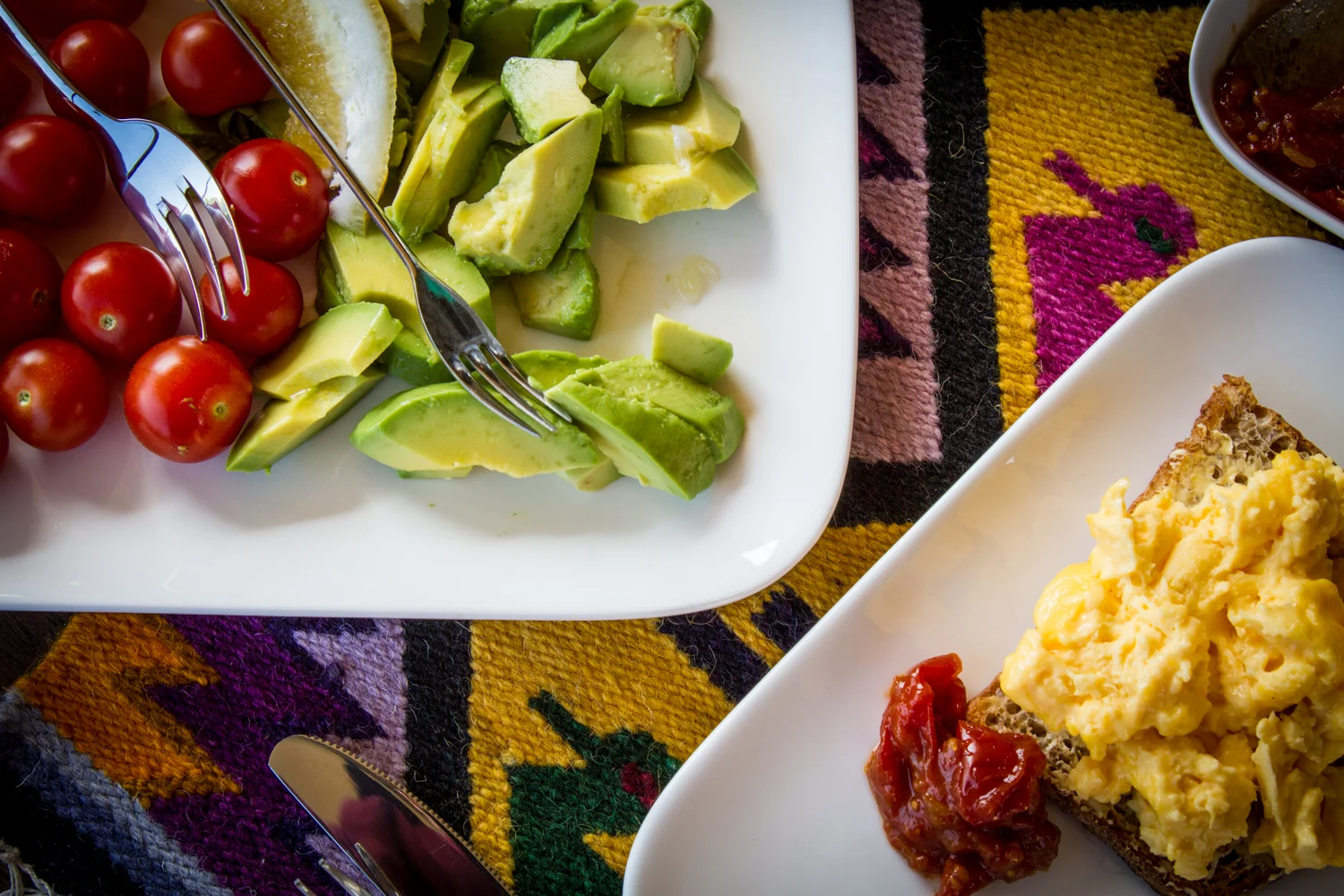 Scrambled Eggs, Fresh Avocado & Cherry Tomatoes AND Carol's Homemade Oat & Seed Bread