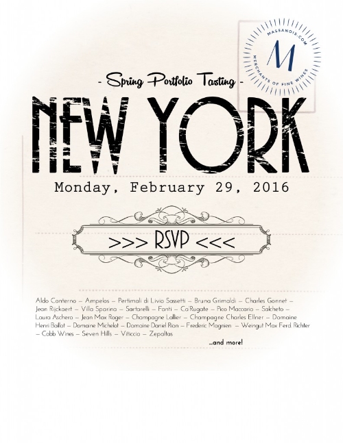 Anche quest'anno siamo presenti al Massanois Spring Tasting. Lunedì 29 febbraio 2016 City Winary NYC