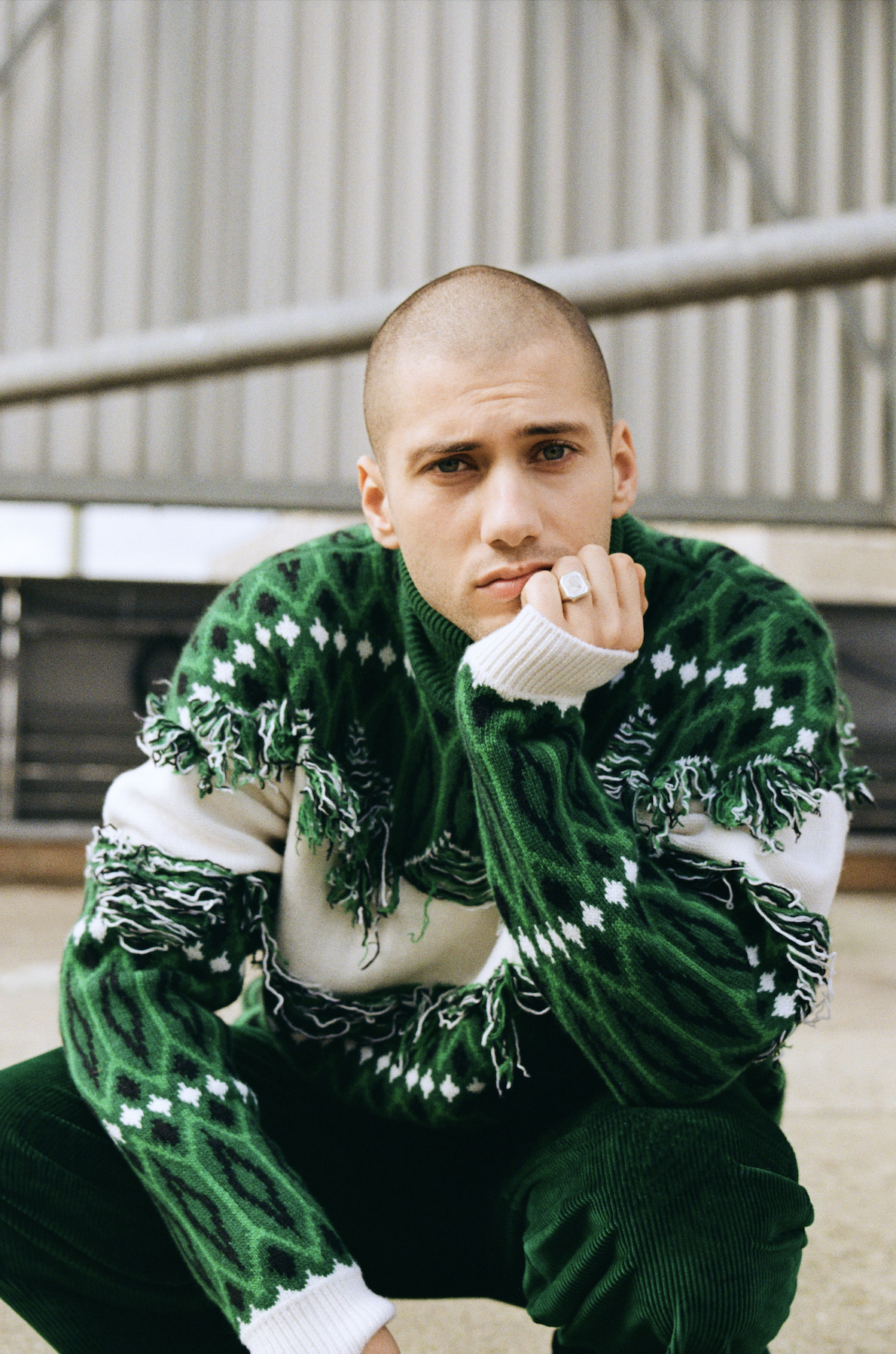 Berlin rapper Yugo Urdens in Etro, celebrity and artist styling by Mike York, international Fashion Stylist and Creative Director working across Berlin, Munich, Vienna, Milan and the DACH region, featuring a green Etro knitwear look for contemporary 