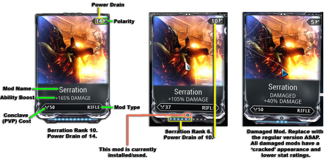 Note that when you start the game you'll be getting damaged mods during the first quest storyline. This is meant to show you the variety of mods that are available in game. As you progress past that, you'll be getting the regular versions so it's best to replace those damaged mods ASAP.