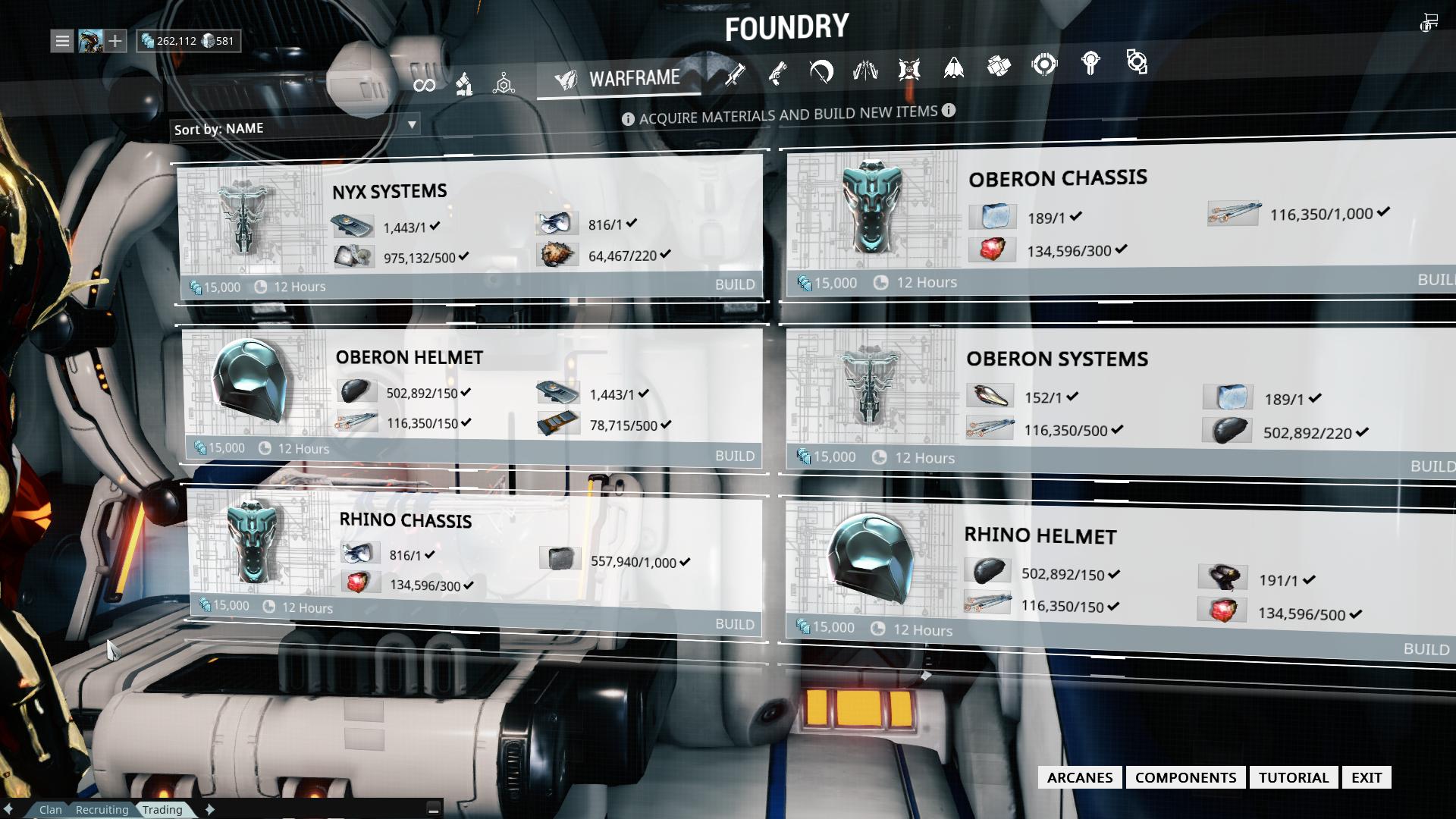 Since I have all 3 parts (Chassis, Helmet and Systems) of the Oberon Warframe, I can being constructing them.