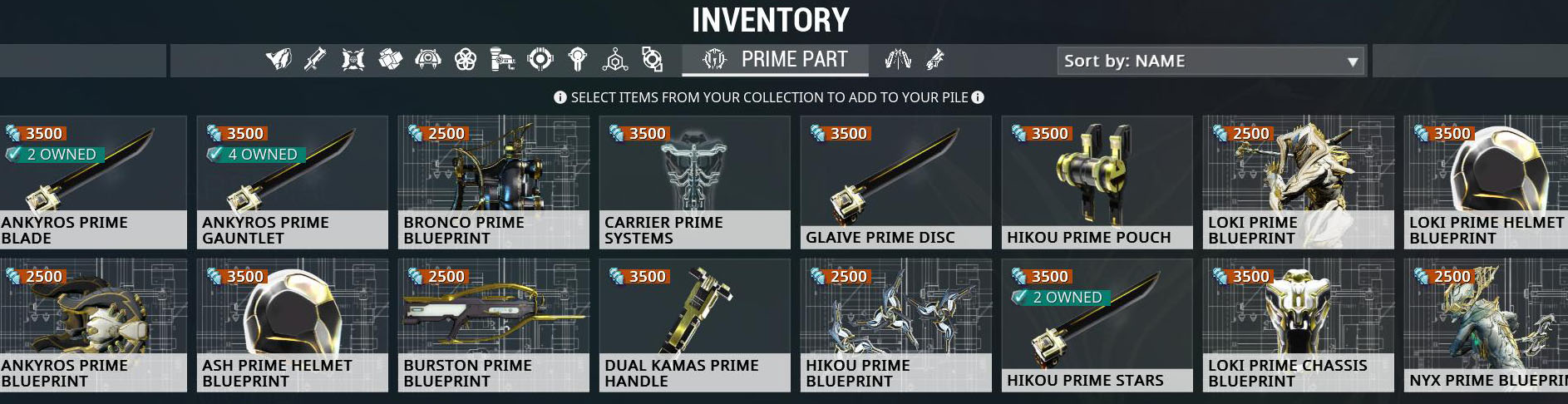 A little look at my inventory of some Prime Parts. Currently, Prime Parts (with some non-Prime exceptions) of gear can be traded between players. You'll have to source non-Prime equipment on your own solo or with a group.