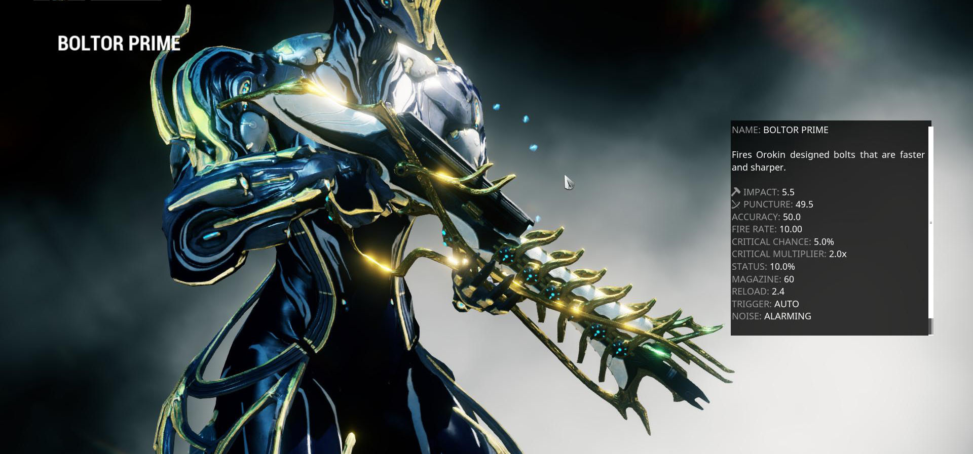 The Boltor Prime. One of the best Primaries in the game that features Puncture damage and Projectile shots. Time to lead those targets!