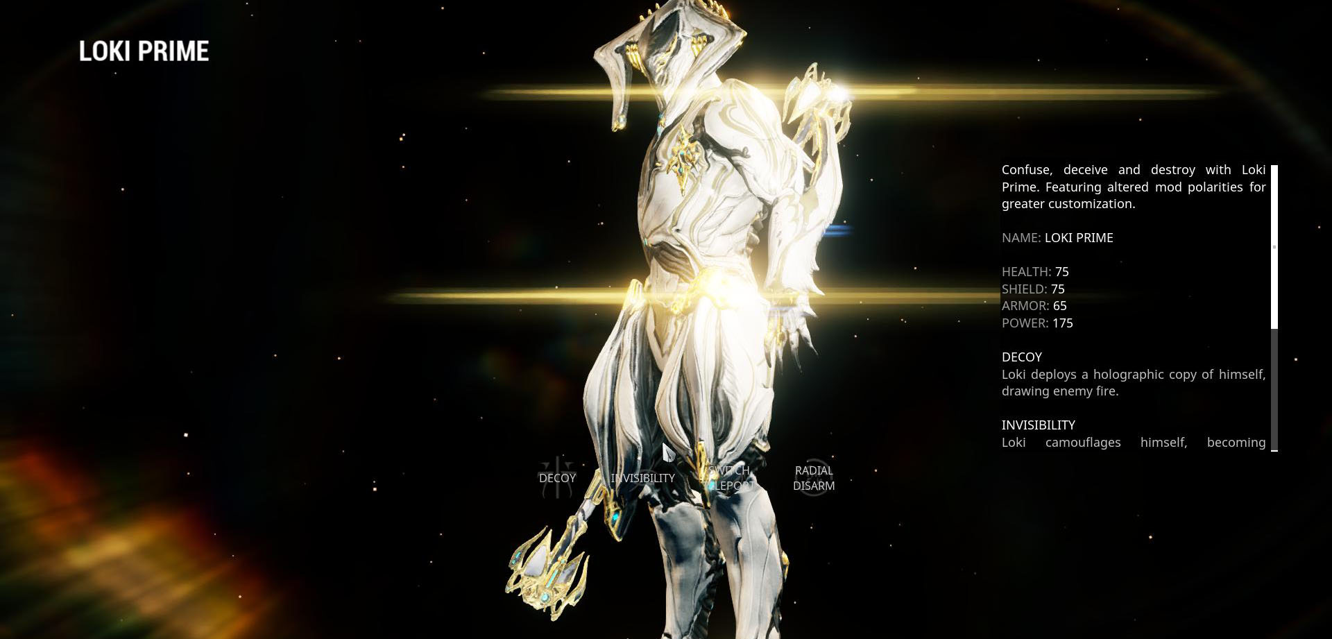Loki Prime, one of the stealth based Warframes featured in the game.