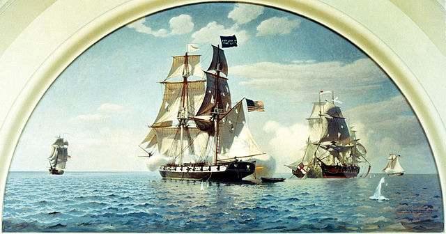 Battle of Lake Erie, 10 September 1813 Mural begun by Charles Robert Patterson and completed in 1959 by Howard B. French. It depicts the U.S. Brig Niagara , flagship of Master Commandant Oliver Hazard Perry, raking the British warships Queen Charlotte and Detroit , which are afoul of each other after colliding. Niagara flies Perry's "Don't Give Up the Ship" battle flag at her mainmast peak. This mural, presented to the U.S. Naval Academy by Admiral and Mrs. Thomas C. Hart, is on display in the Academy's Memorial Hall.