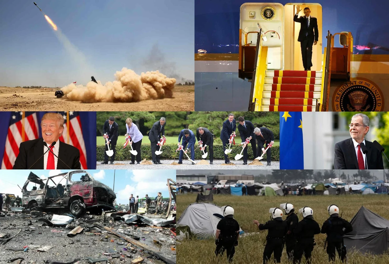 From left to right: In the top row, rocket fired in Iraq’s Anbar province by pro-government forces trying to retake Fallujah from ISIS, and Obama lands in Vietnam. In the middle row, Trump speaking at one of his rallies, G7 leaders planting trees in Kashikojima, Japan, and Austria's new president, Alexander Van der Bellen. In the bottom row, Syrian coastal city hit by ISIS explosion, and riot police in Greece ordering refugees to leave. Cover credits: The Guardian, Reuters (collage)