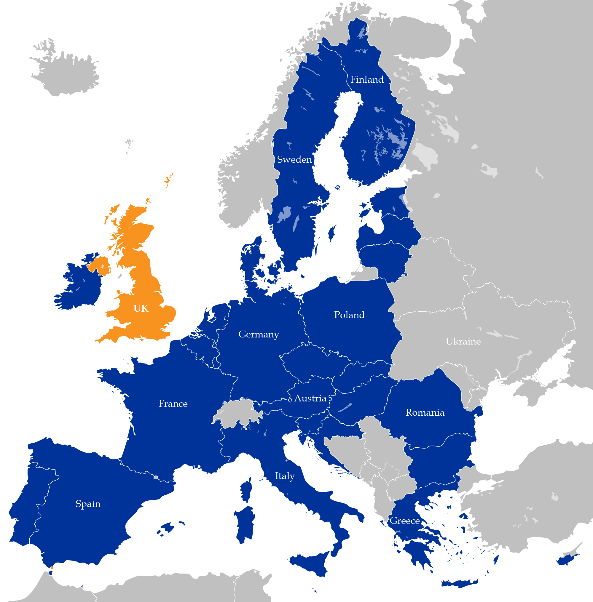 Map of Europe showing the EU in blue and the U.K. in yellow. Credit: Wikimedia
