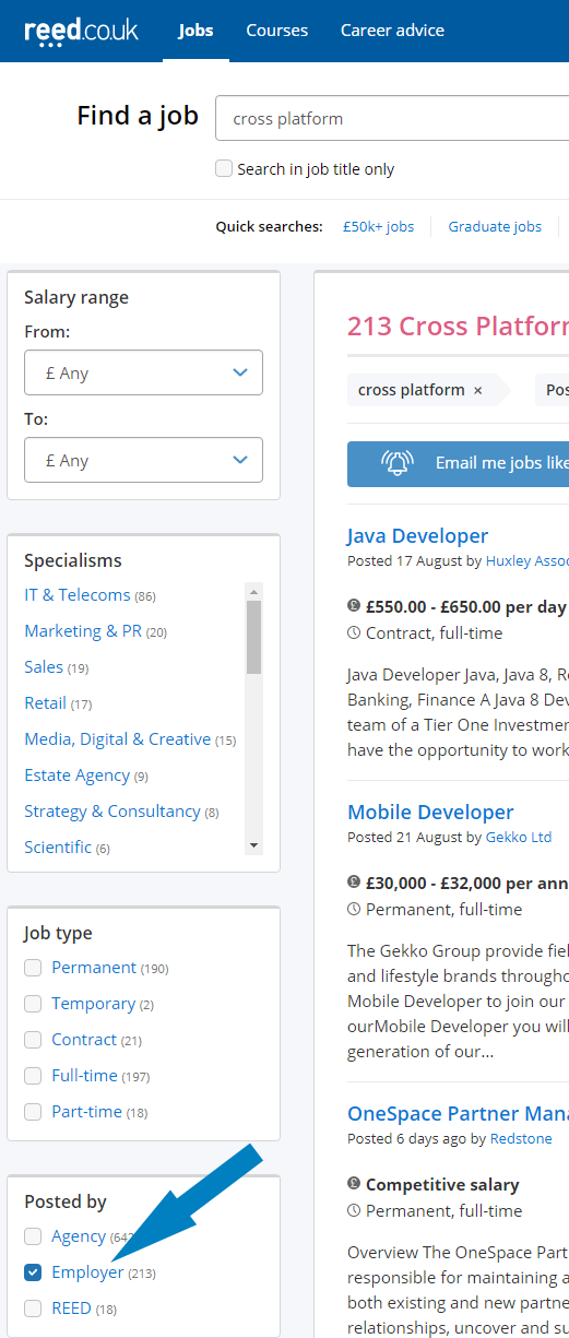 Reed's results page with filter bar