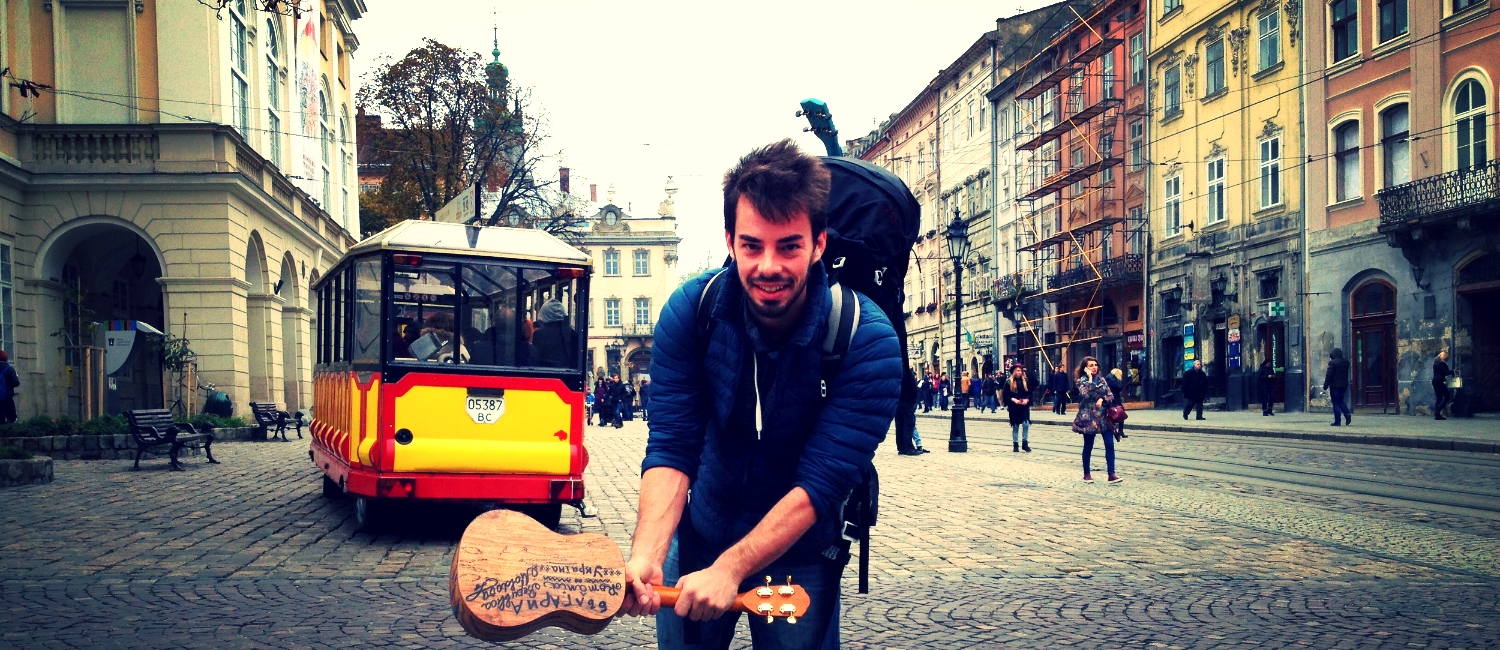 Ukulele Ben and the gang on Lviv's central square, Ukraine