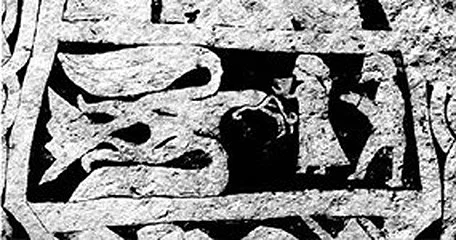 detail of the VIIIth c. Stora Hammars runestone. Odin as the bearded eagle on the left, probably his lady-giant girlfriend with the cup in the middle, and on the right, another giant. I guess.