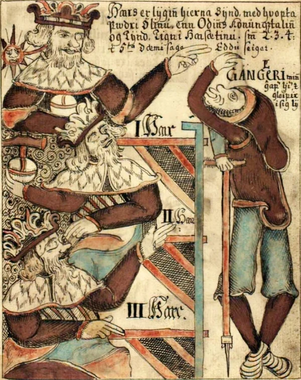 High, Just-As-High, & Third ( Hár, Jafnhár, & Þriði ) and Gangleri, deep in conversation (Icelandic comic strip, XVIIIth c.)