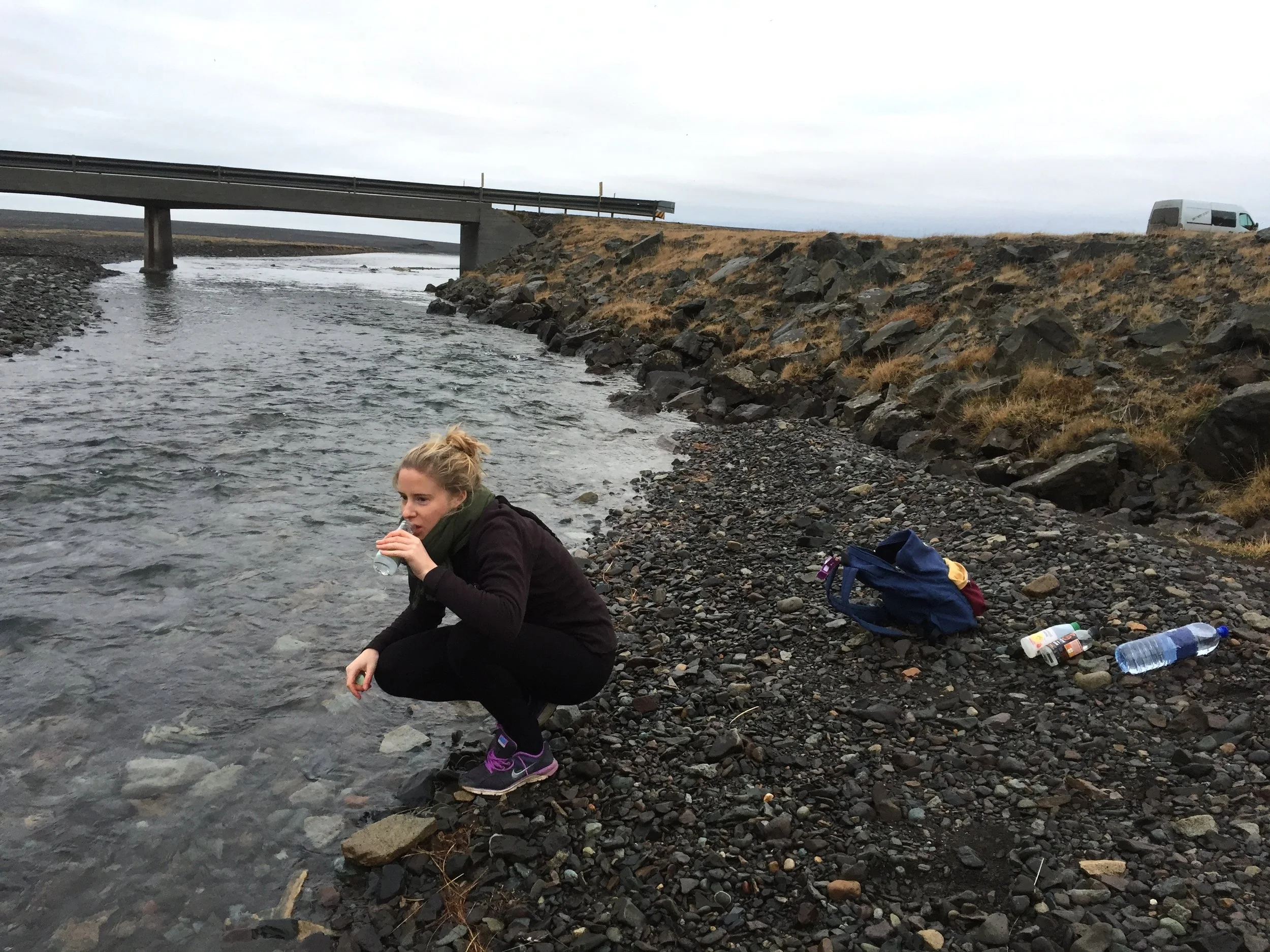 Pictured: left: a bridge and a bit of fresh-water, middle: co-pilot and occasional camerawoman of the Icelandic adventure, top-right: the trusted steed and studio-kitchen, the Renault Master Kuku Camper Van