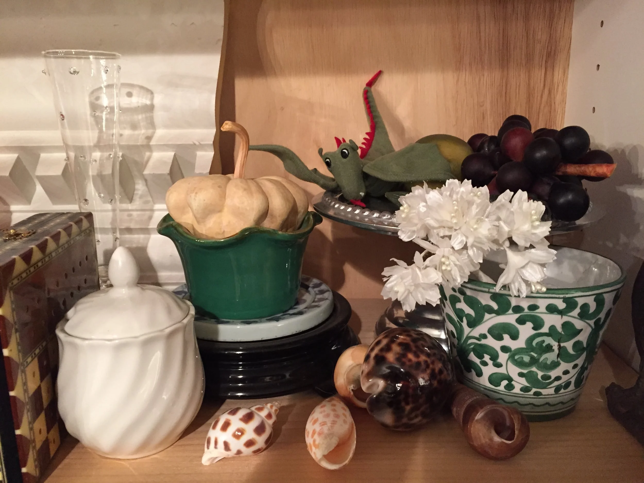 Shelves of objects waiting for their moment.