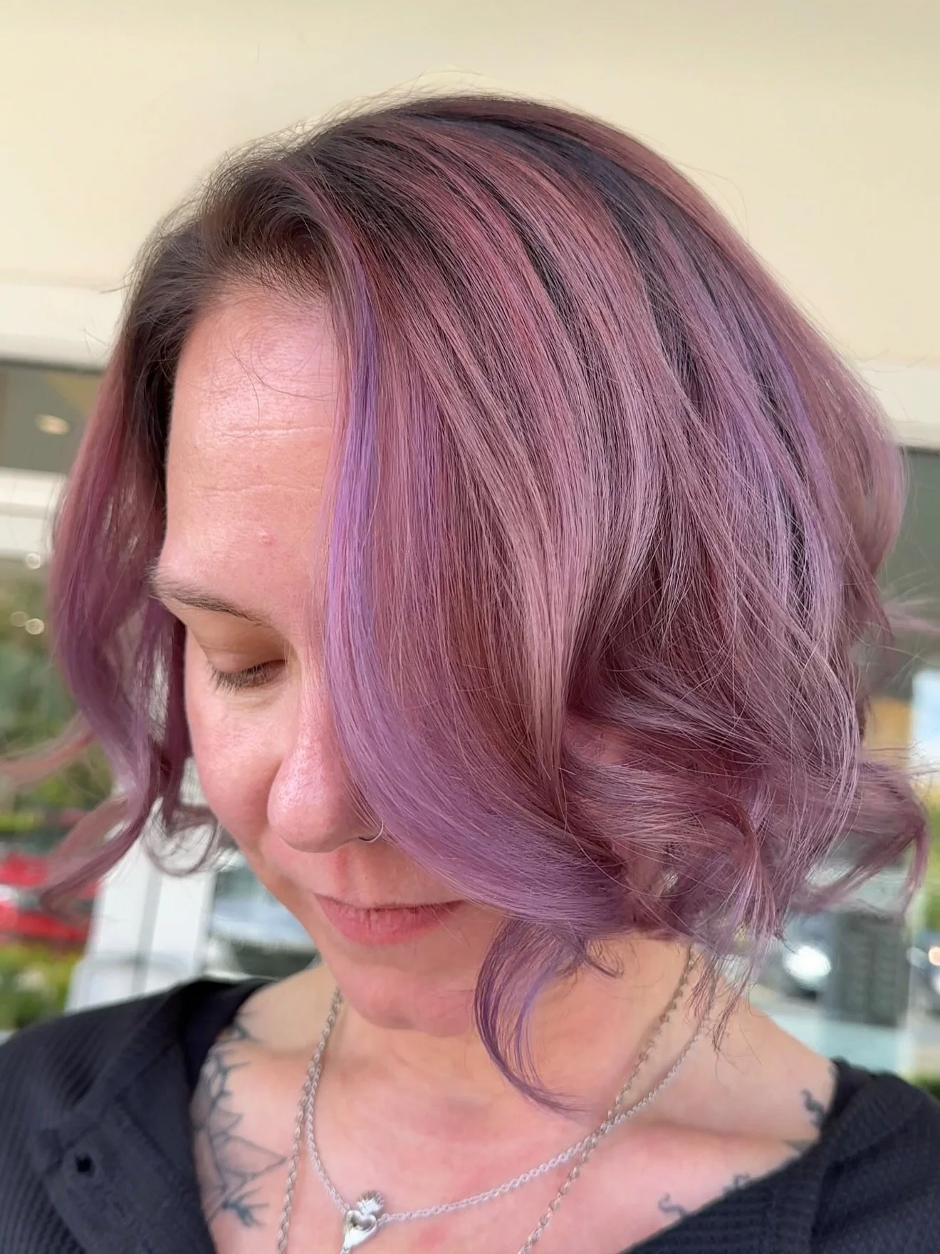 Swipe to see where we started with this beautiful color transformation 🎀💜 

Did you spot that faded green? Keep an eye out for the green version of this bob from back in July&hellip; 👀