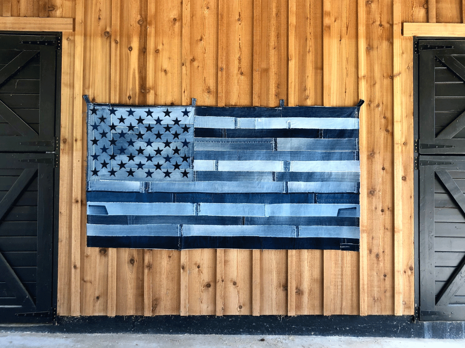 denim jeans upcycled into US flag (horizontal, XL) 96" wide X 60" high