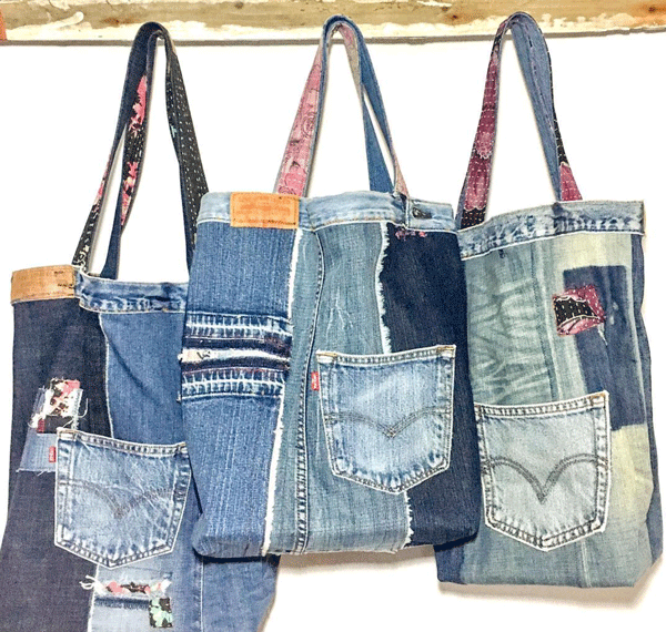 Levis denim jeans upcycled into tote bags
