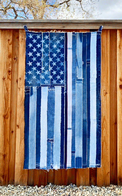 denim jeans upcycled into american flag : Large vertical, approx 34” wide x 59.5” tall