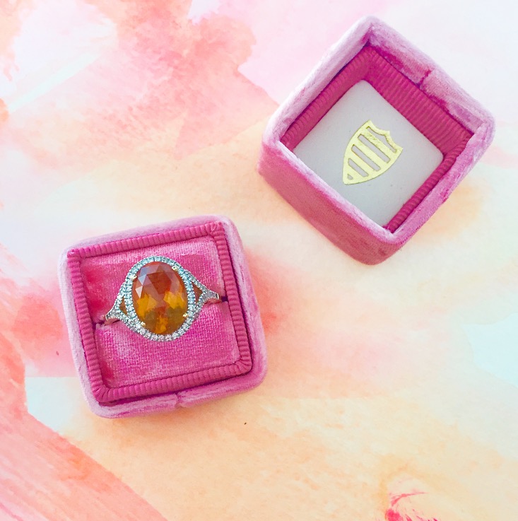 My ring is yellow gold, yellow citrine, and diamonds. It is unbelievably hard to capture the color in a picture! This one pretty much nails it. 