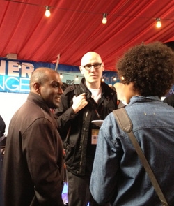 I spotted Moby in a buffet line! Here he is explaining to these fellas that shrimp on a stick count doesn't count as meat.