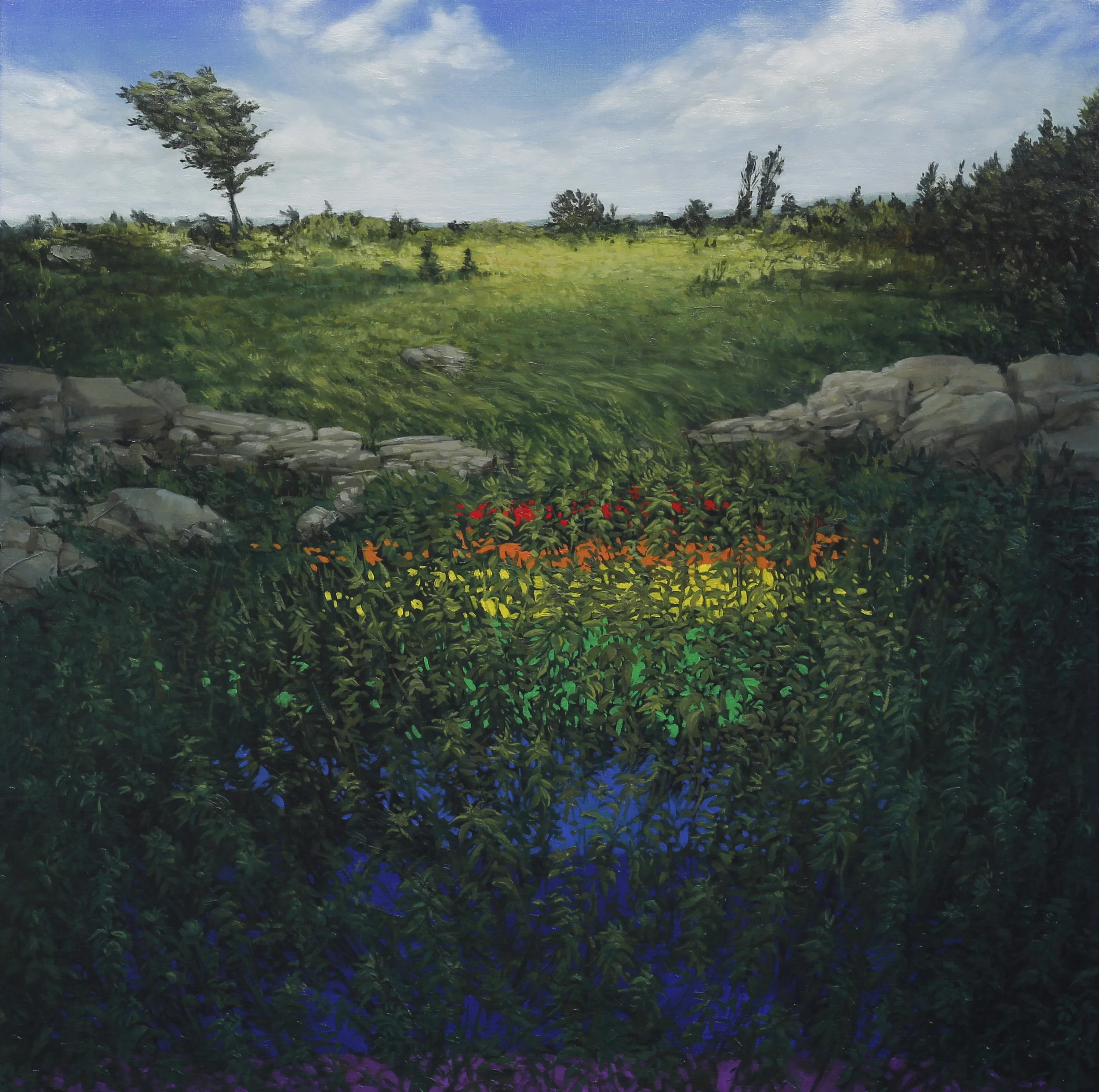 Rainbow Bridge 2012, Oil on canvas, 24x24 *A homage to the poem "Rainbow Bridge" . Painted for a exhibition/auction to benefit Adopt a Pet.
