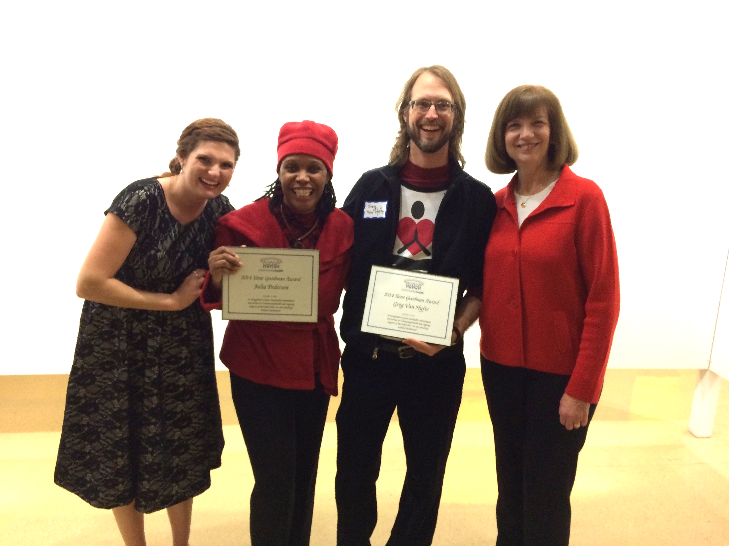 Pictured from left to right are CommunityHealth Heath Education Coordinator Adelle White, YogaCare Board Vice President Nubia Ptah, YogaCare Co-Founder Greg Van Hyfte, and CommunityHealth Executive Director Judy Haasis at the 2014 CommunityHealth Volunteer Party.