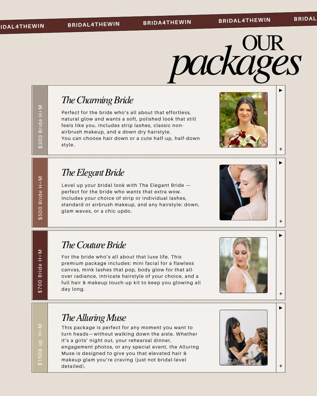 💍 Elegant &amp; Luxury Bridal Studio Tone

✨ Every bride&rsquo;s vision is unique &mdash; that&rsquo;s why we offer curated bridal packages designed to match your day, your style, and your moment.

From a soft, romantic glow to full red-carpet glam,