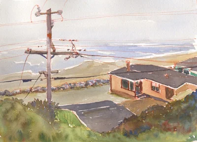 We had a lovely day at the beach the other week. Our hosts have delightful cabins at Martins Beach, near Half Moon Bay, and we were invited to paint from their decks. The day was warm, but foggy, and a very welcome change from the sweltering heat of San Jose. I believe there was a massive rock just off shore as some of our members painted it, but the fog kept it hidden from me! 