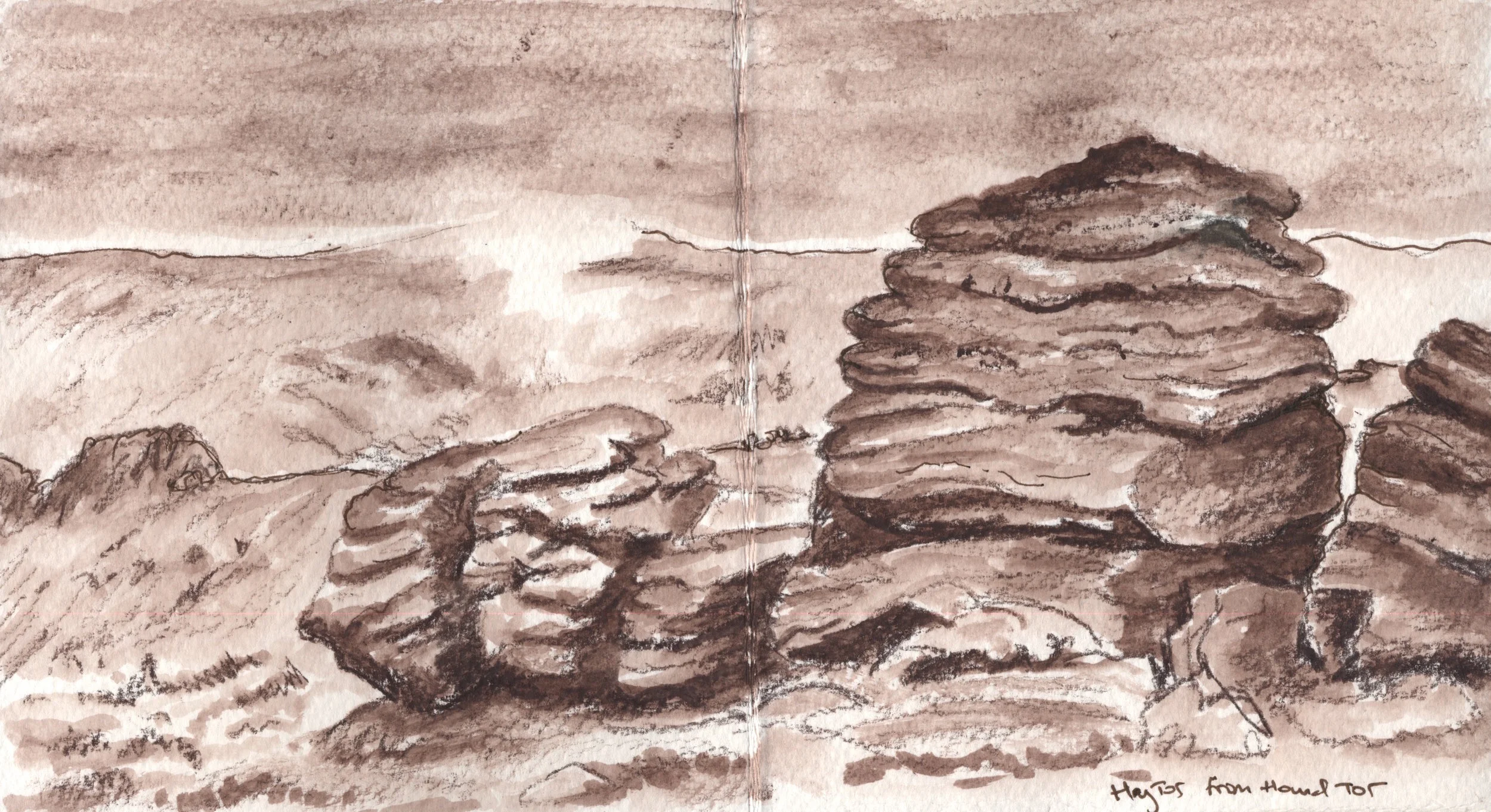 Dartmoor is subject to wild changes in weather and this sketch was done during a foggy patch where the distant Hound Tor was covered in low cloud.
