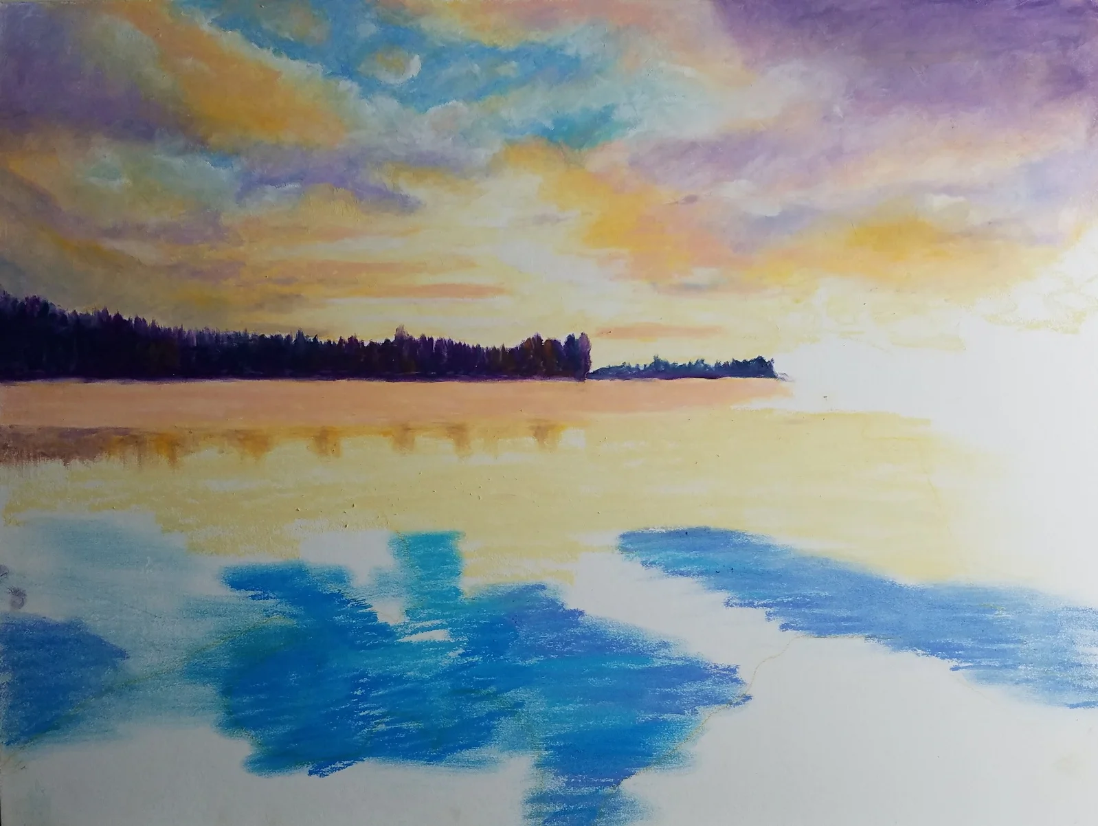 Adding trees and reflections. It was key to get some distance by making the far trees bluer.