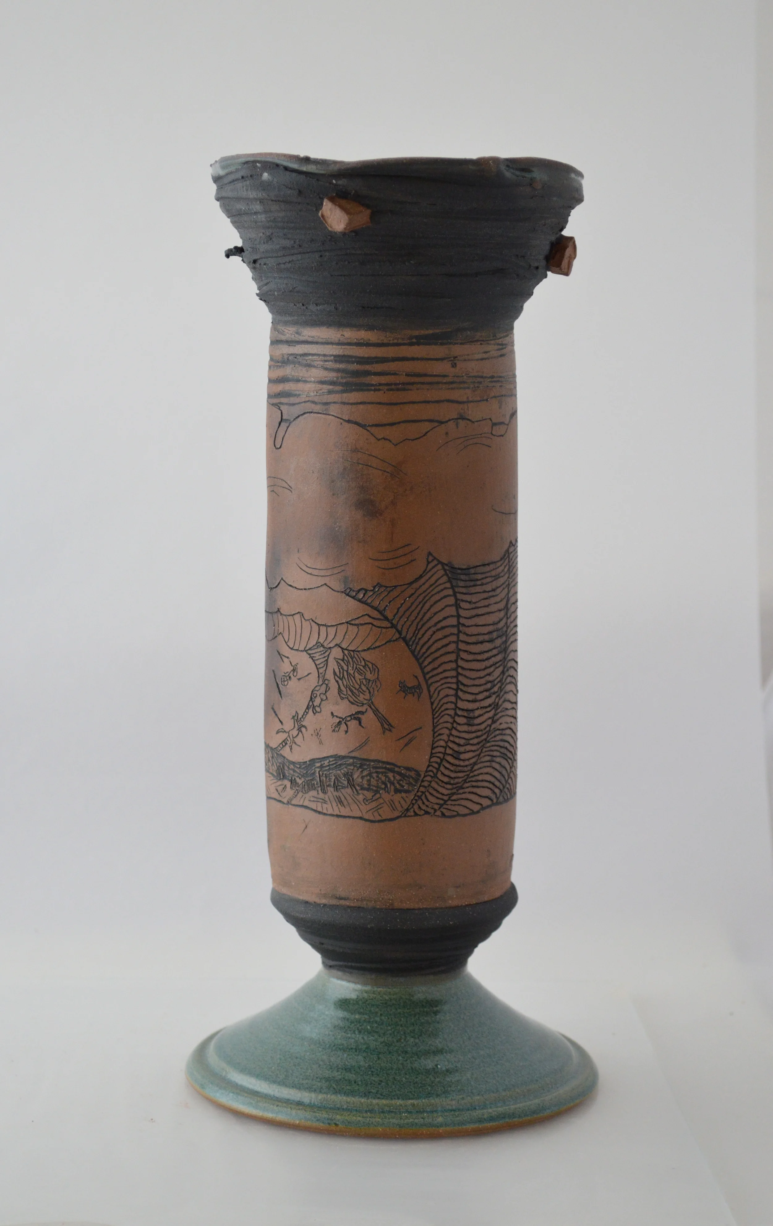 The Tornado Vessel Clay with Sgrafito and Glazes In Collaboration with ceramic artist Mary Lynn Portera